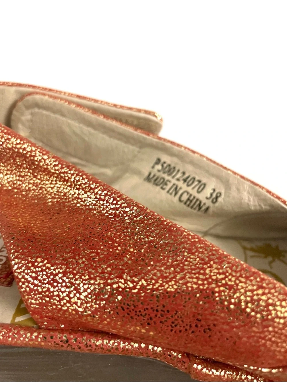 Fly London Yakin Orange Glitter Metallic Peep Toe Wedge Sandals Size 38/7.5